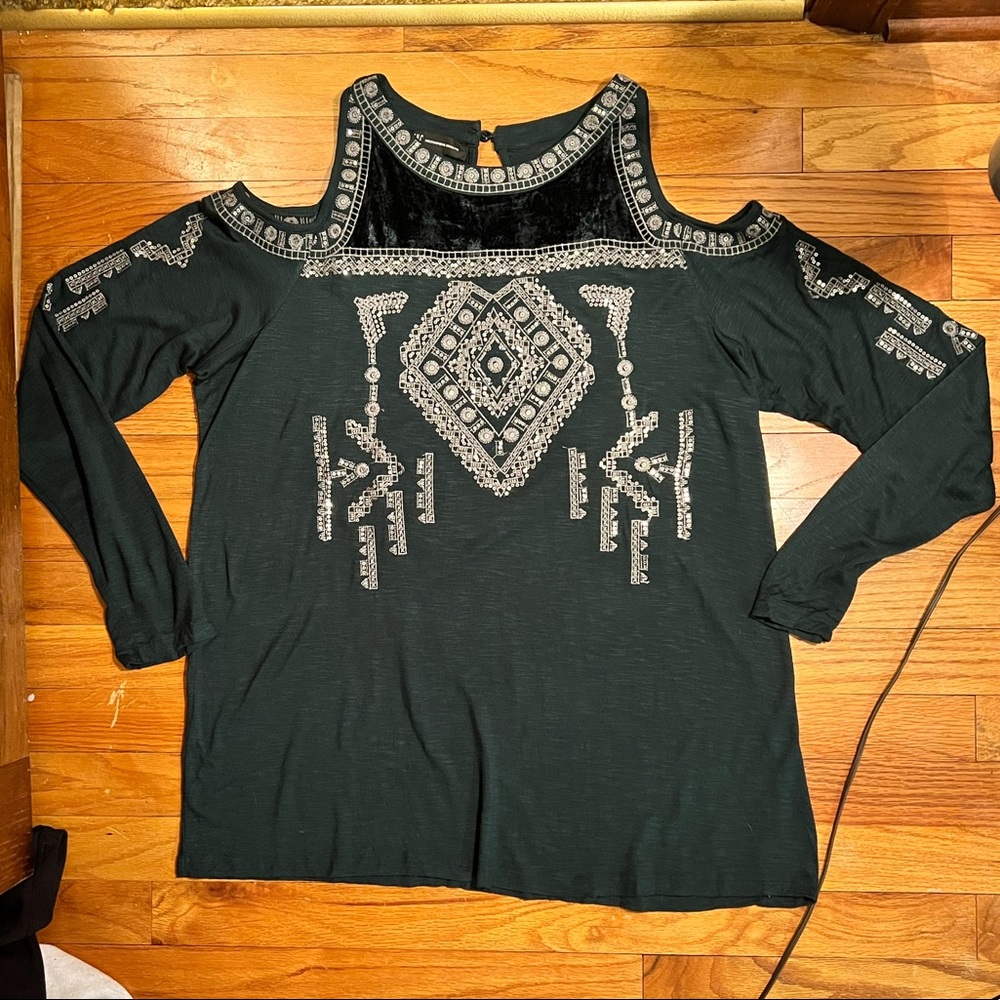 INC Cold-Shoulder Velvet & Embroidered Long sleeved top